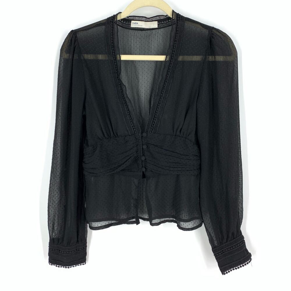 Zara 1975 Denim Black Sheer V-Neck Blouse Women's Size XS
